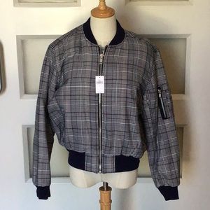 Blue plaid bomber jacket.